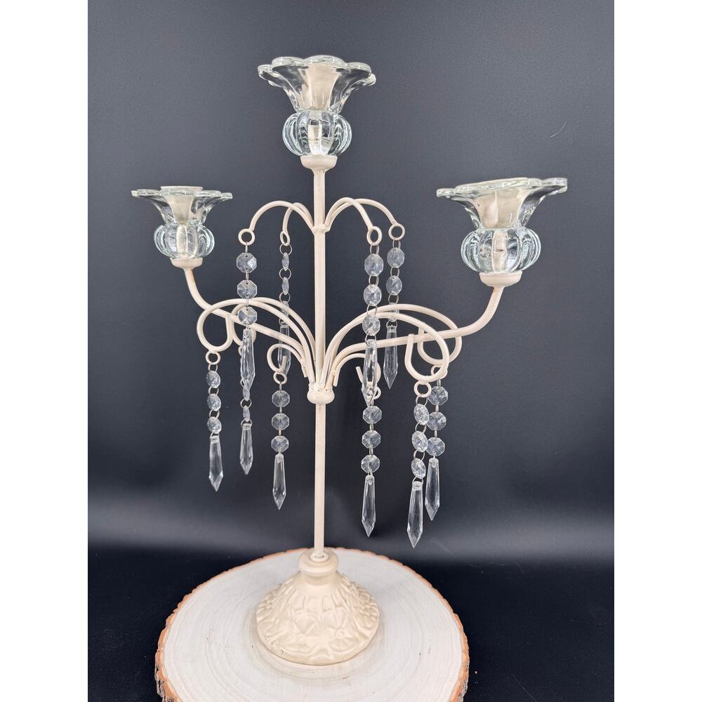Vintage 3 Arm Candelabra Candle Holder w/ Acrylic Crystal Prisms